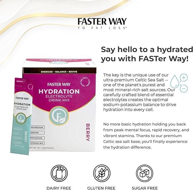Faster Way - Hydration - Electrolyte Drink Mix - with Apple Cider Vinegar Choline Probiotics &amp Natural B Vitamins - Energize &amp Revive - Powder Packets - Zero Sugars - Gluten Free - Berry - 3