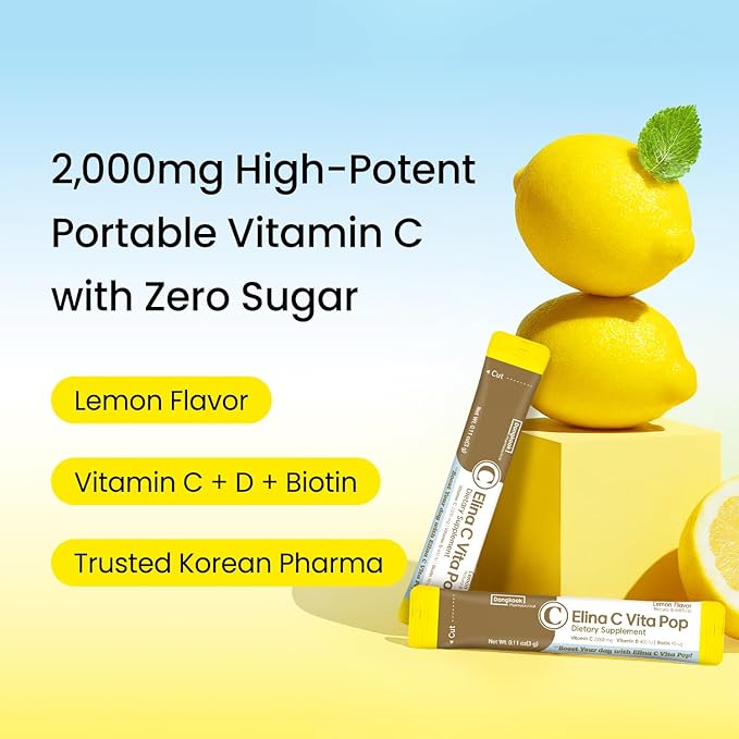 DONGKOOK Vita Pop 2000mg Vitamin C Vitamin D &amp Biotin Powder Stick Sugar Free Korean Vitamin C Supplement Multivitamin Immune Support Antioxidants for Healthy Skin Non-GMO Lemon Drink Mix 100 Pa