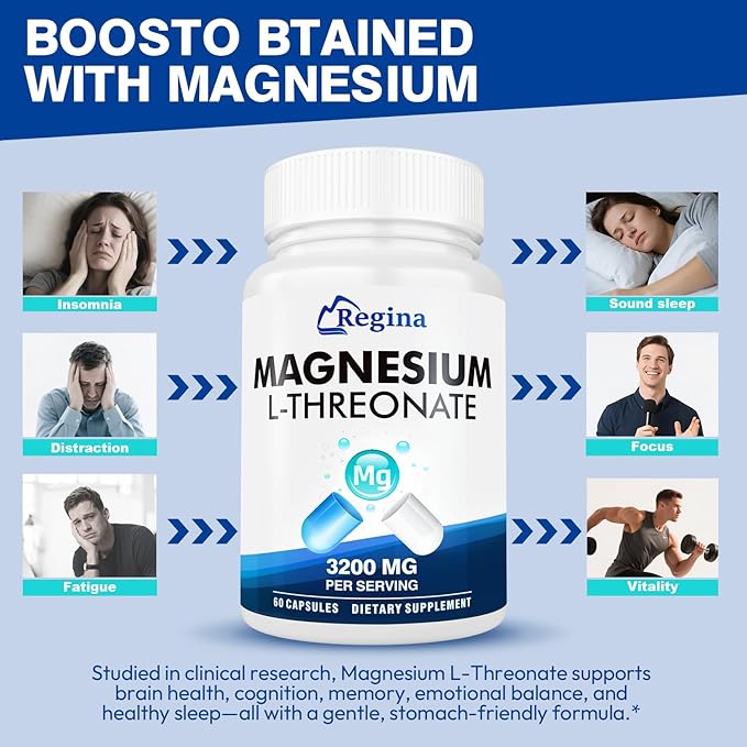 Magnesium L-Threonate Capsules Magnesium Supplement for Women and Man for Memory and Brain Focus for Sleep Cognitive Health Supplement Non-GMO 60 Vegetarian Capsules