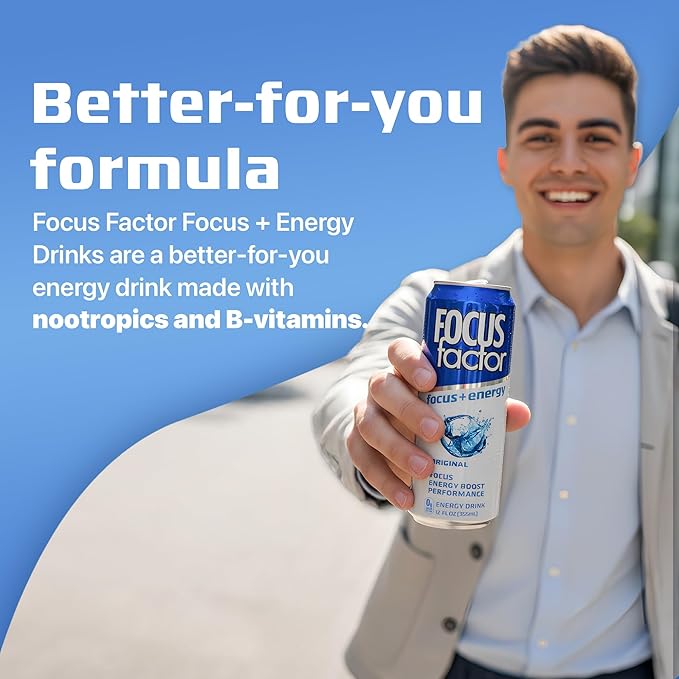 Focus Factor Energy Drink - 12 x 355ml Cans (Original Flavor) - with Focus + Energy - Lightly Carbonated Sugar Free Low Calorie with Vitamin B6 &amp Vitamin B12