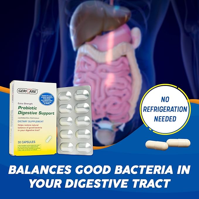 GeriCare Probiotic Digestive Support | Extra Strength 20 Billion CFU Lactobacillus Rhamnosus R-11 Daily Probiotic | Keeps Your Digestive System Balanced | 30 Capsules (2 Pack)