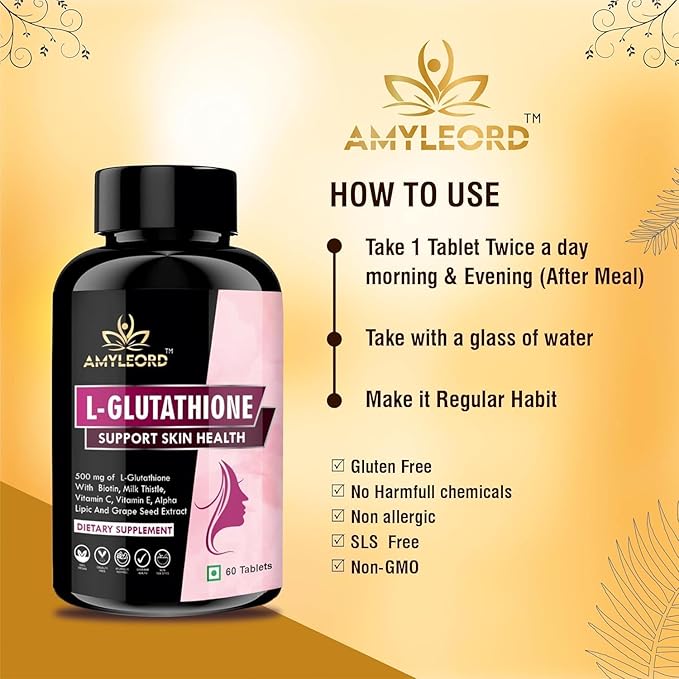 L - Glutathione Tablets 1000mg with Vitamin C Biotin Milk ThistleVitamin Extract for Help to Skin Glow - 60 Tablets