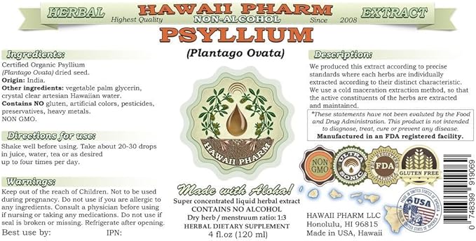 Psyllium Alcohol-Free Liquid Extract Psyllium (Plantago Ovata) Seed Glycerite Natural Herbal Supplement Hawaii Pharm 4x4 fl.oz