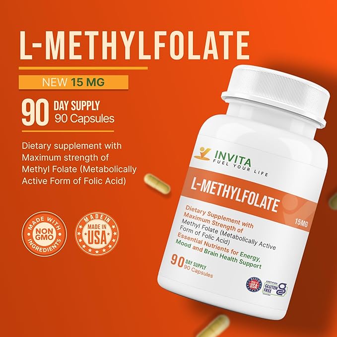 INVITA L-Methylfolate 15mg – Physician Formulated Active Methyl Folate - 5-MTHF Supplement for Energy Mood &amp Brain Health Support - Non GMO Gluten Free 90 Capsules (3 Month Supply)