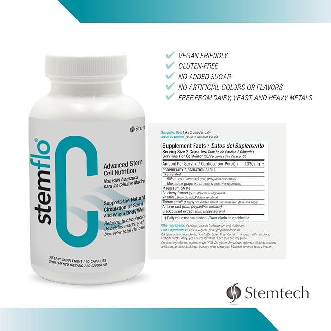 StemFlo® Advanced Formula Trans-Resveratrol Curcumin and Super Antioxidants for Health Longevity and Vitality 60 Capsules (3 Pack)