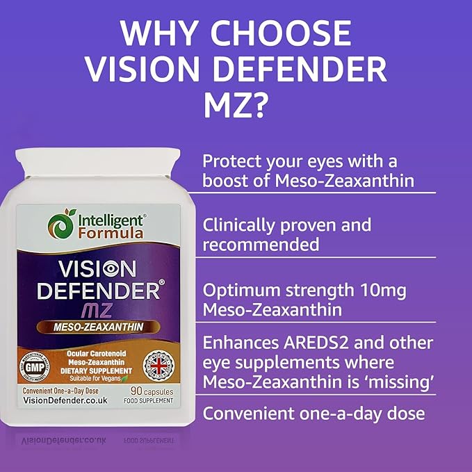 Vision Defender Meso Zeaxanthin Vegan Eye Supplement MZ- Protect and Improve Ocular Health &amp Eye Care High Strength Antioxidant Carotenoid Meso-Zeaxanthin for Eyes (90 Capsules/One Daily) Made in