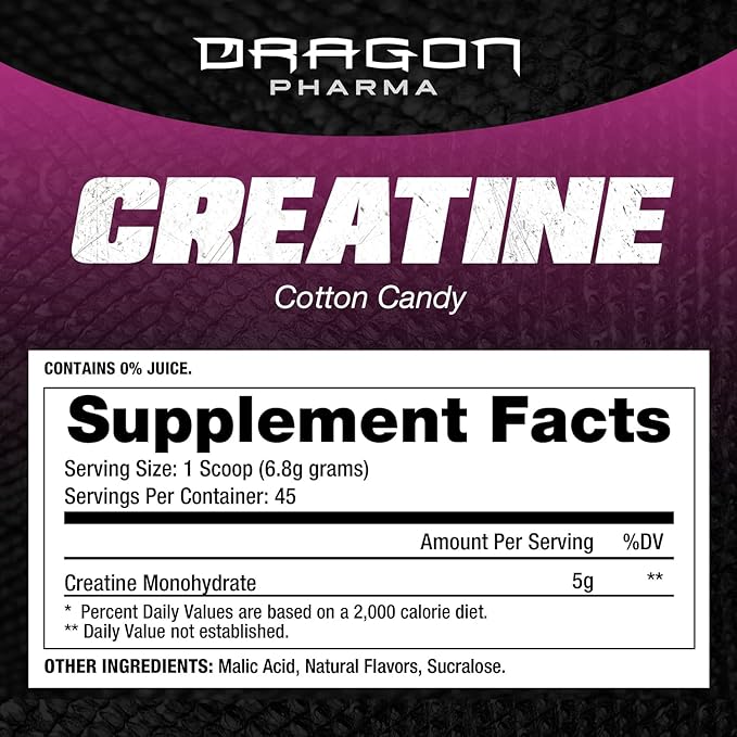 Dragon PHARMA Creatine Monohydrate Aid Muscle Recovery Post-Workout Supplement Antioxidant Support (45 Servings Cotton Candy)