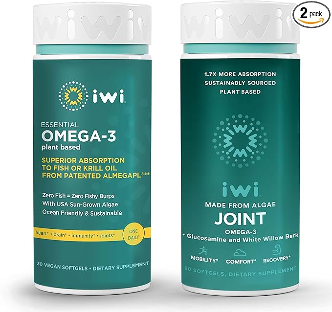 Iwi Omega-3 Essential &amp Joint Omega-3 Bundle 30 Servings Vegan Plant-Based Algae Omega 3 Krill &amp Fish Oil Alternative No Fishy Aftertaste