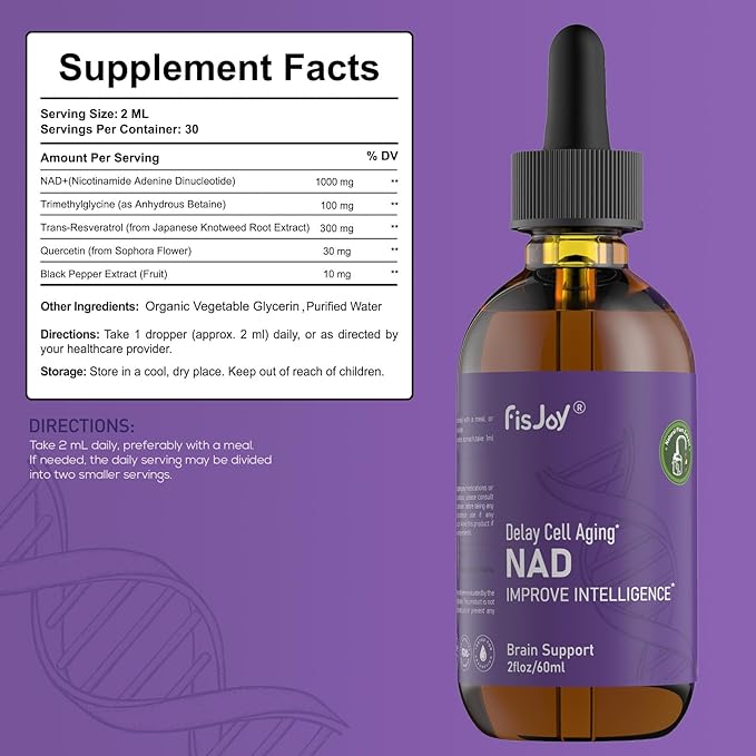 Liquid Nutritional Drops with NAD+ Resveratrol Quercetin &amp Betaine – Sugar-Free Vegan Formula – Easy Daily Use 2 fl oz (60 mL)