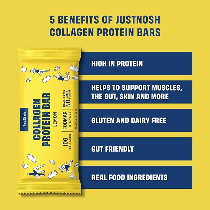 JUSTNOSH Lemon Collagen Protein Bars – 13g Protein 10g Collagen | Gluten &amp Dairy Free Low FODMAP Seed Oil Free (12 Pack)
