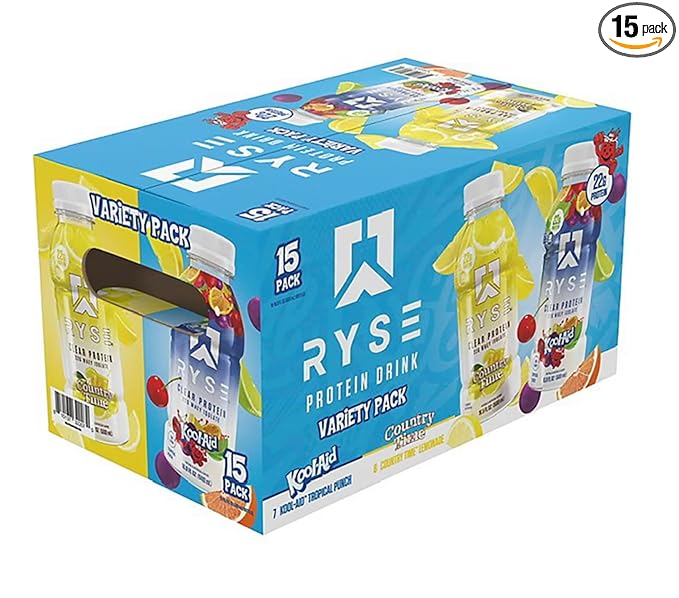 RYSE' Clear Whey Protein Ready To Drink Variety 15 Pack 22g Protein 7 Kool-Aid Tropical Punch and 8 Country Time Lemonade
