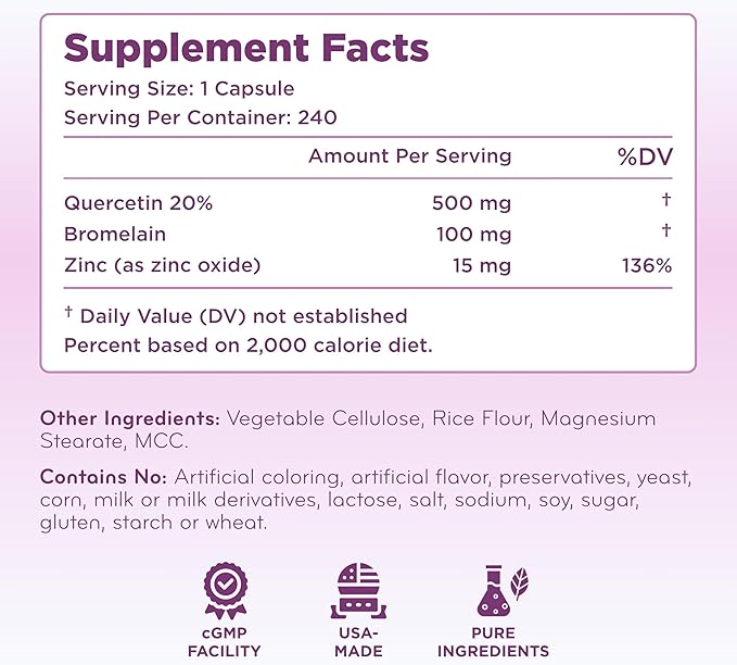 Advanced Zinc Quercetin with Bromelain Formula - Triple Immune Support Quercetin Complex for Daily and Seasonal Immune System Wellness Support - Made in a cGMP American Facility (Single)