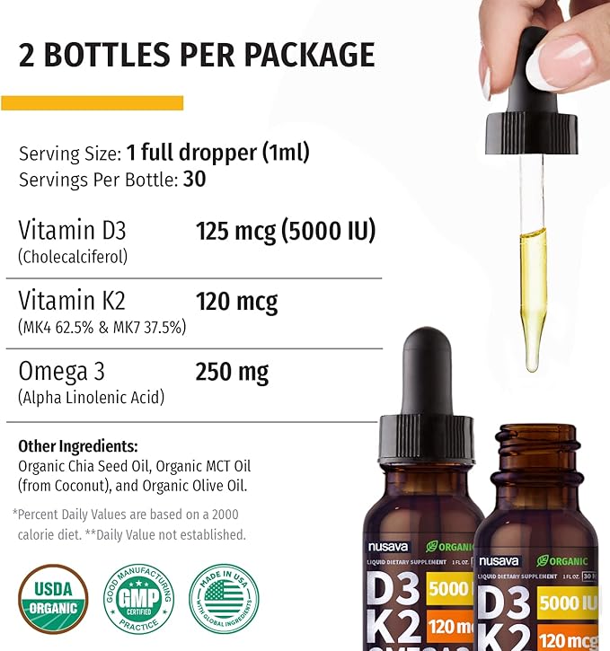 NUSAVA Unflavored D3 K2 Liquid Drops and Vanilla Flavored D3 K2 Liquid Drops Bundle - Potent Liquid Vitamins for Heart Joint Bone Muscle &amp Immune Support - Non-GMO Gluten-Free 2pk Each