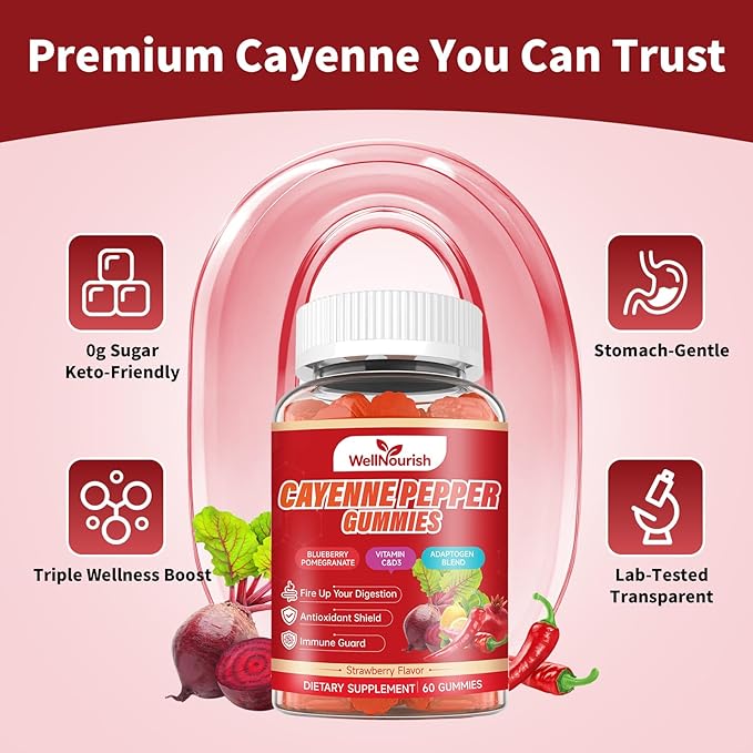 Cayenne Pepper Gummies with Beetroot Fruit Powder Vitamin C and Vitamin D3 Delicious Strawberry Flavor Sugar-Free Chewable Dietary Supplement for Immune Support and Overall Daily Wellness (2 Pack)