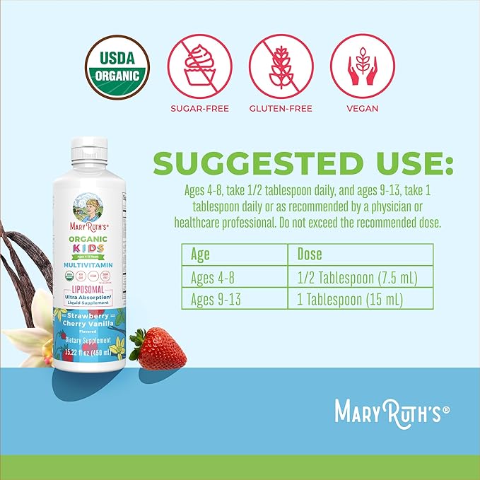 MaryRuth Organics Kids Multivitamin Liposomal | Vegan Sugar-Free Vitamins for Kids | Ages 4+ | 2 Month Supply | 15.22 Fl Oz
