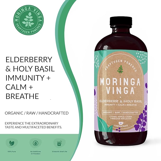 Elderberry &amp Holy Basil Moringa Infusion - Organic Immune Support Respiratory Wellness Stress Relief Herbal Tonic with Apple Cider Vinegar Ginger Hibiscus Honey - 100% Pure Non-GMO 8 oz