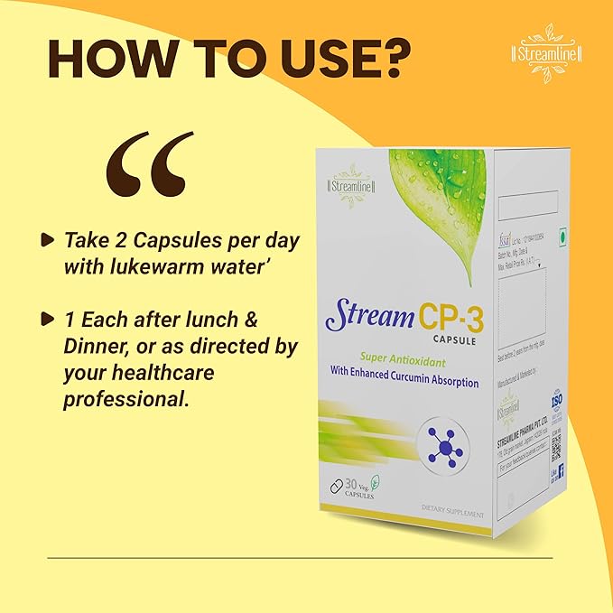 Streamline Stream CP-3 Curcumin Capsules with Piperine | Antioxidant &amp Anti-inflammatory Properties | Ayurvedic Bone &amp Joint Support | Overall Wellness | Curcumin 400Mg | 30 Veg Capsules | Pac