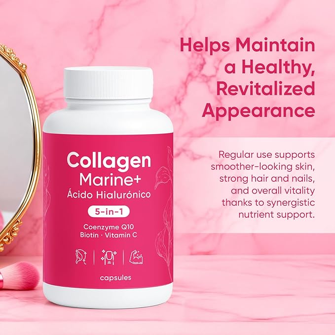 Hydrolyzed Marine Collagen + Hyaluronic Acid Formula – 5-in-1 Beauty &amp Wellness Blend with CoQ10 Biotin &amp Vitamin C – Vegan Friendly Non-GMO 150 Capsules