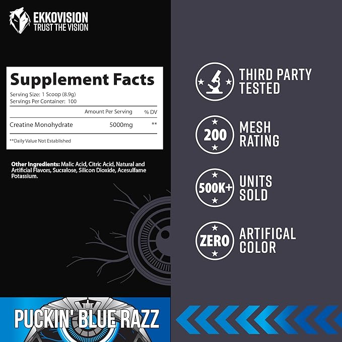 Ekkovision Creatine Monohydrate Powder Micronized Puckin' Blue Razz Pre Workout &amp Post Workout Supplement for Men &amp Women Energy Support Easy to Mix in Shakes Smoothies &amp Beverages