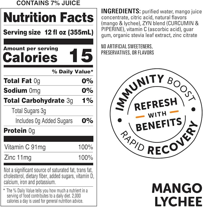 ZYN Turmeric Wellness Drink (6 Pack) Mango Lychee Flavored Turmeric Curcumin with Black Pepper No Added Sugar Low Carb &amp Low Calorie Clean Alternative