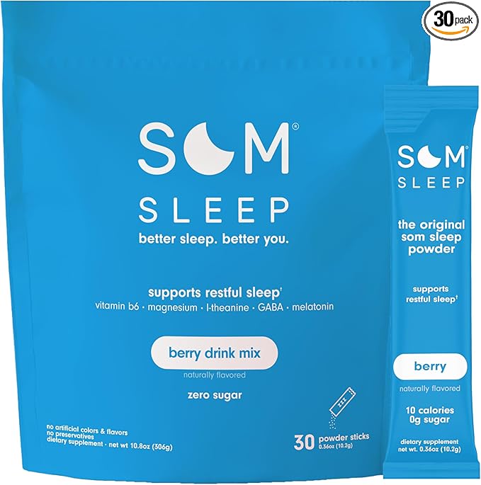Som Sleep Calm Sleep Nighttime Powder Drink Mix Melatonin 3mg Magnesium Vitamin B6 L-Theanine &amp GABA – Vegan Zero Sugar – Berry 30-Pack