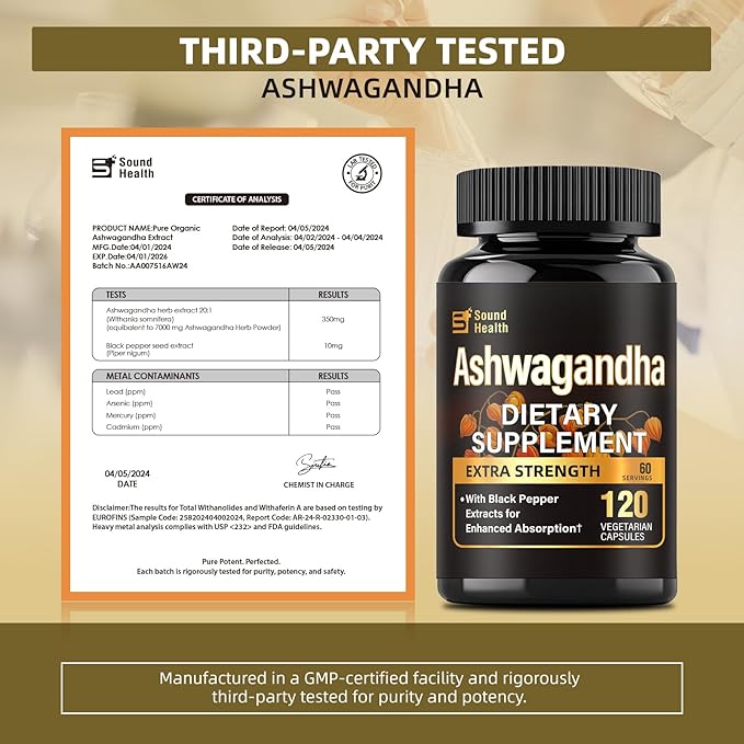 Ashwagandha Capsules Supplements - Ashwagandha Powder for Women &amp Man | Vegan Plant Based Gluten-Free Non-GMO | 120 Capsules (60 Servings)