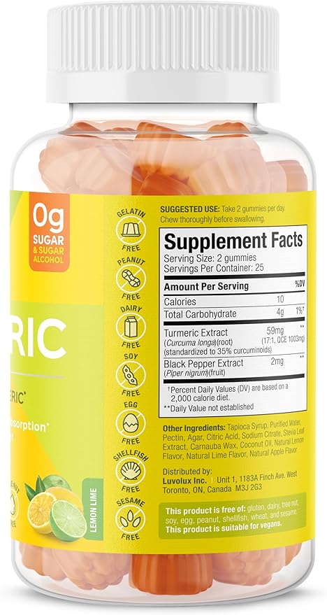 SUKU Turmeric Curcumin Sugar Free Gummies with 1003mg of Turmeric - Black Pepper Protects Liver Improves Digestion Inflammation Response &amp Joint Health – Lemon Lime Flavour (50 Gummies)