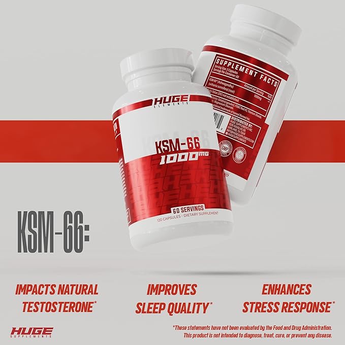 Huge Supplements KSM-66 Ashwaghanda High Potency 5% Withanolides 1000mg of Clinically Studied KSM66 (120 Capsules)
