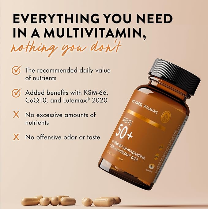 Mt. Angel Vitamins - Daily Mens Multivitamin 50+ Adult Formula with Iron Calcium KSM-66 Ashwaganda and a Potent Proprietary Herbal Blend of The Best Mens Vitamins - 60 Count Capsules