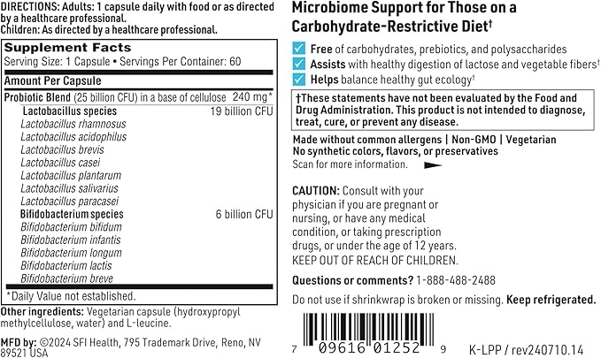 Klaire Labs SFI Health Lactoprime Plus Probiotic - 25 Billion High CFU for Carb-Sensitive Men &amp Women 7 Lactobacillus and 5 Bifidobacterium Blend FODMAP Compliant &amp Dairy-Free (60 Capsules