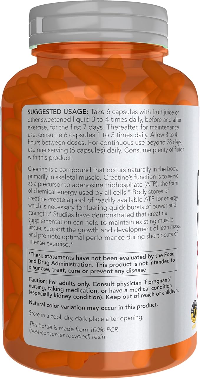 Now Foods Sports Nutrition Creatine Monohydrate 750 mg Mass Building*/Energy Production* 240 Veg Capsules