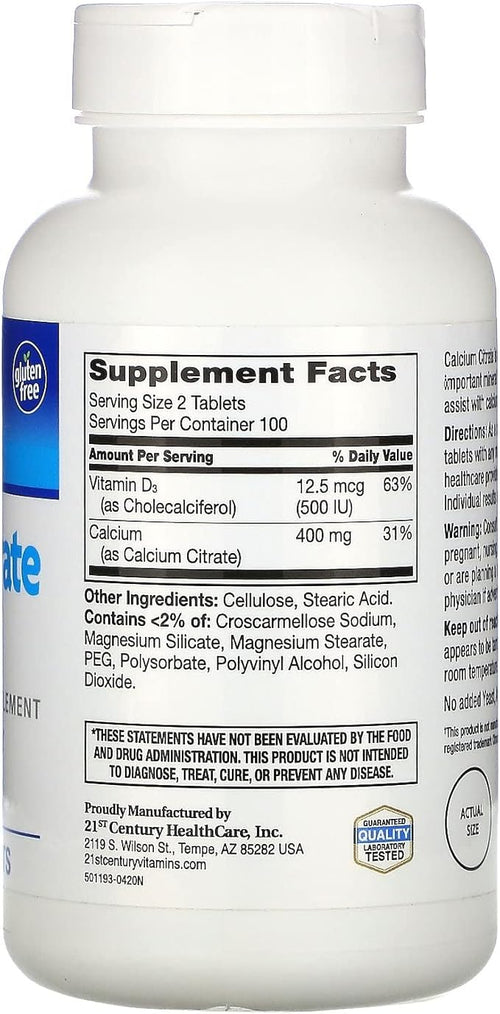 21st Century Calcium Citrate Petites + D3 Coated Tablets - 200 Tablets Pack of 4