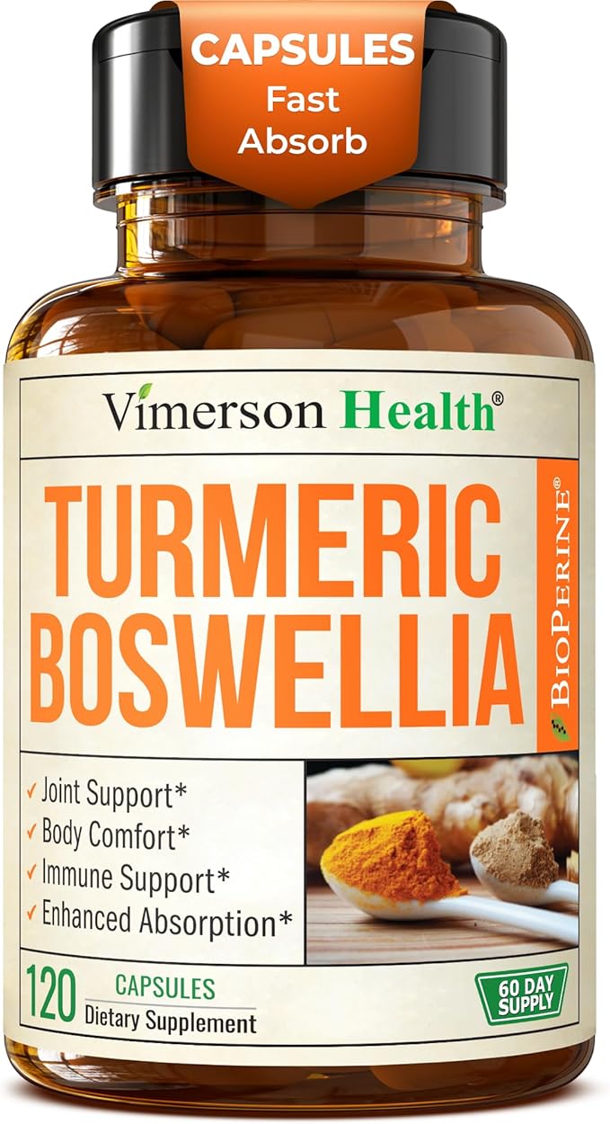 Boswellia Serrata Turmeric Supplement for Joint Support &amp Inflammation Balance – Turmeric Boswellia Supplement with Ginger &amp Black Pepper Extract for Enhanced Absorption – Non-GMO - 120 Capsul