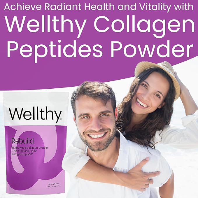 Wellthy Collagen Peptides Protein Powder - Grass Fed Hydrolyzed Collagen for Hair Growth Skin Nails Gut and Joint Support - 20000mg Collagen &amp 18g Protein | Unflavored (15 Servings)