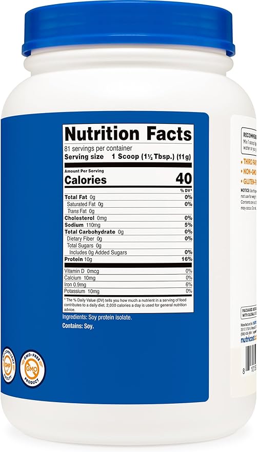 Nutricost Soy Protein Isolate Powder 2 LB Unflavored - 10 Grams of Protein Per Serving Vegan GMO-Free &amp Gluten Free