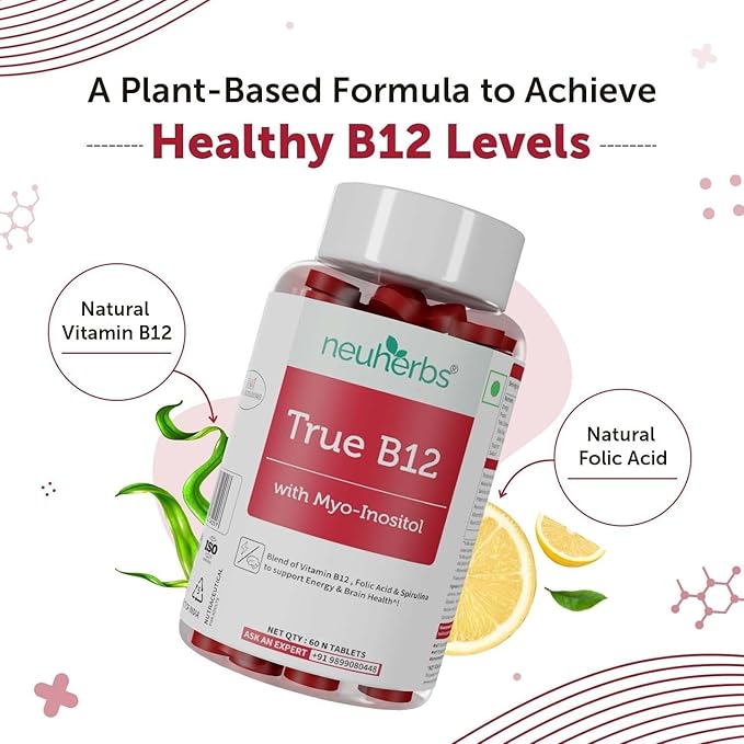 Plant-Based True B12 Supplements for Men &amp Women | with Myo-inositol Folic Acid &amp Spirulina | Supports Energy Brain Health &amp Better Absorption (60 Tablets)