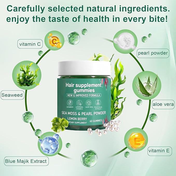 Hair Loss GummiesSea Moss Gummies with Vitamin C Vitamin E Aloe Vera Pearl Powder Support Faster Hair GrowthEnhance Nail ElasticityPromot Radiant SkinGluten-Free - 60 Count