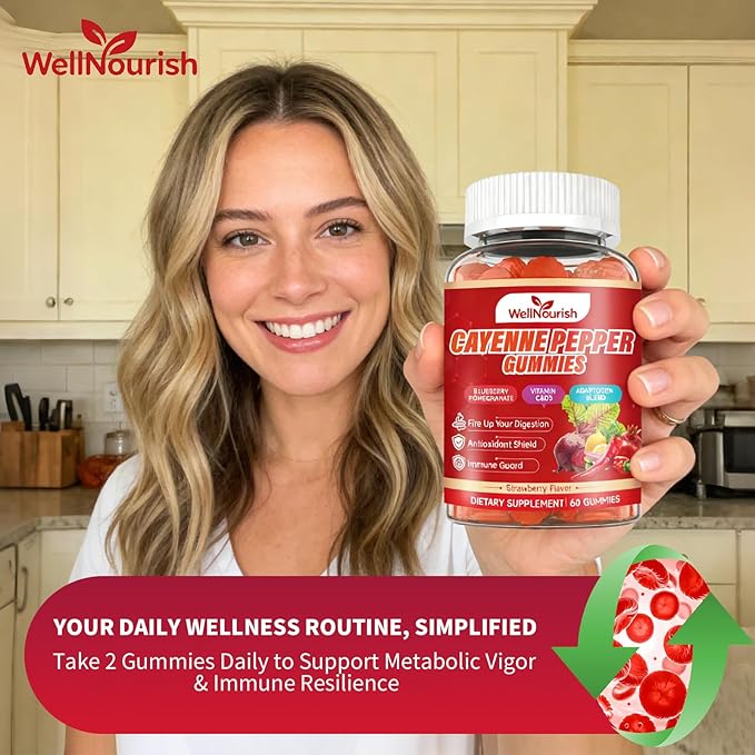 Cayenne Pepper Gummies with Beetroot Fruit Powder Vitamin C and Vitamin D3 Delicious Strawberry Flavor Sugar-Free Chewable Dietary Supplement for Immune Support and Overall Daily Wellness (2 Pack)