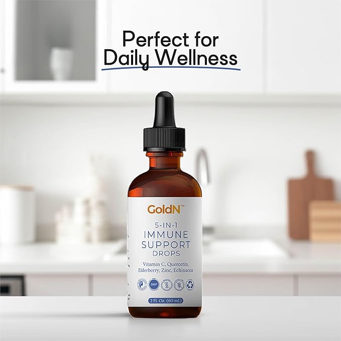 GoldN™ 5-in-1 Immune Support Drops | Vitamin C Quercetin Elderberry Zinc Echinacea | No Artificial Ingredients | Non-GMO Gluten-Free | 2oz (60ml) | 1-Month Supply