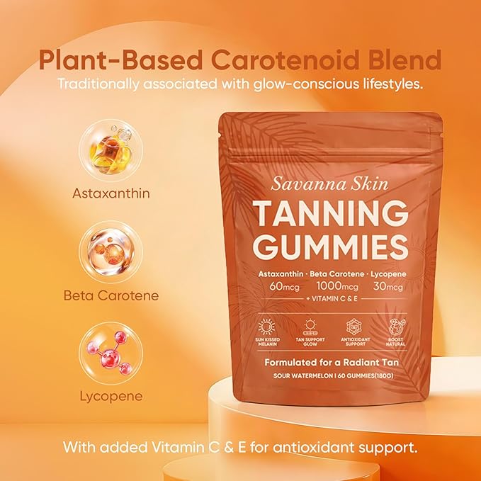 Savanna Skin Tanning Gummies Astaxanthin Beta Carotene &amp Lycopene Blend with Vitamins C &amp E Radiant Healthy Skin Sour Watermelon Flavor Vegan &amp Sugar-Free 60 Count