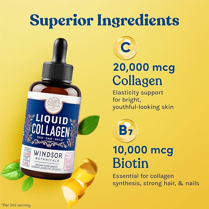 Liquid Collagen Peptides Supplement with Biotin - 30000mcg Hydrolyzed Liquid Collagen for Women plus Biotin Hair Skin Nail Support - Sublingual Direct Drops or in Drinks - Natural Lemon 2 oz