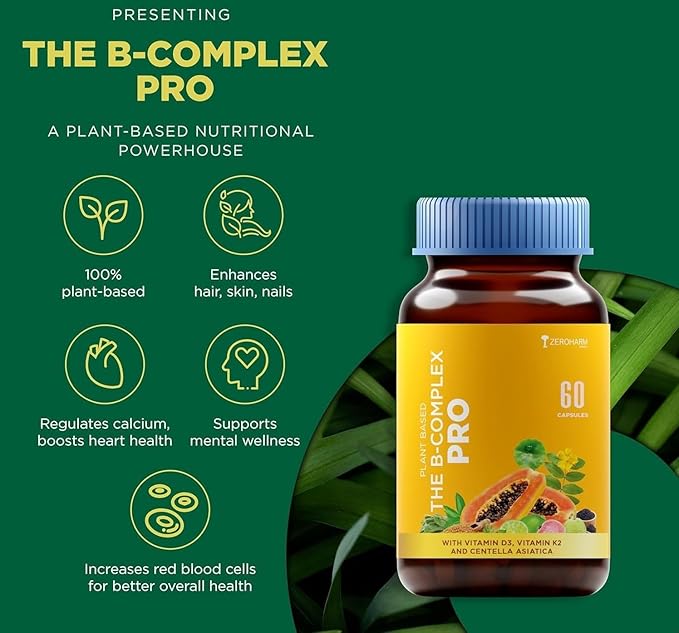 Vitamin B Complex with Vitamin D3 Vitamin K2 &amp Centella Asiatica with B1 B2 B3 B5 B6 B9 &amp Vitamin B12 |Improves Hair Skin &amp Nails | Improves Heart Health &amp Regulates Calcium | 6