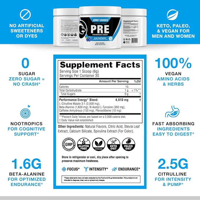 Honey Badger Pre Workout Powder Keto Vegan Preworkout for Men &amp Women Beta Alanine &amp Caffeine Sugar Free Natural Energy Supplement Blue Raspberry 30 Servings