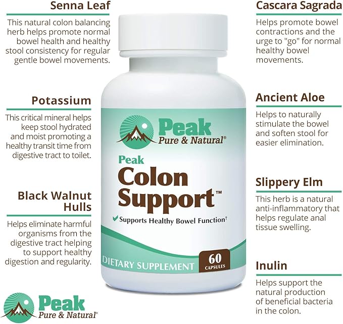 Peak Pure &amp Natural Colon Support - Colon Cleanse and Detox Supplement for Digestive Health - Gut Health Support with Inulin and Senna Leaf Extracts - with Fiber Prebiotics and Probiotics - 3 Pa