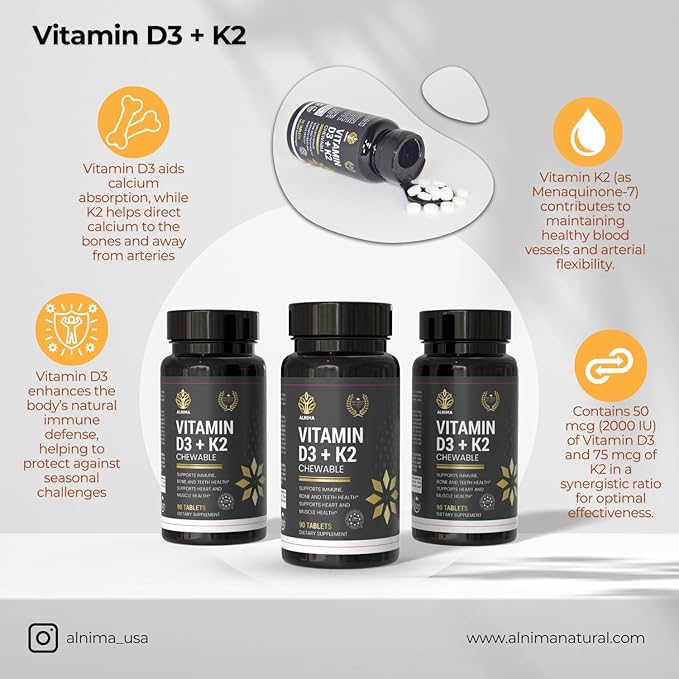Halal Vitamin D3 + K2 Chewable – Bone &amp Immune Health Support with MK-7 for Heart &amp Muscle Wellness | 90 Tablets – Halal Certified Made in USA