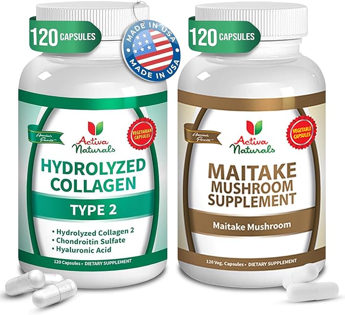 Collagen Type 2 with Chondroitin &amp Hyaluronic Complex + Maitake Mushroom Extract Capsules – Joint Skin Hair &amp Nail Care Daily Wellness &amp Balance No Fillers or Artificial Colors – 120 V