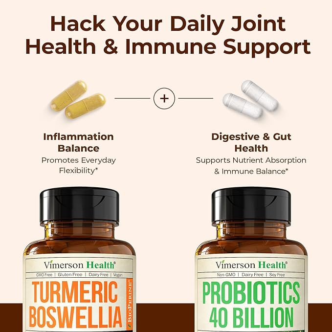 Boswellia Turmeric Curcumin Supplement + 40 Billion CFU Probiotics for Women &amp Men with Prebiotics Bundle for Joint &amp Immune Support Digestive &amp Gut Health – with Ginger Root Organic Tur