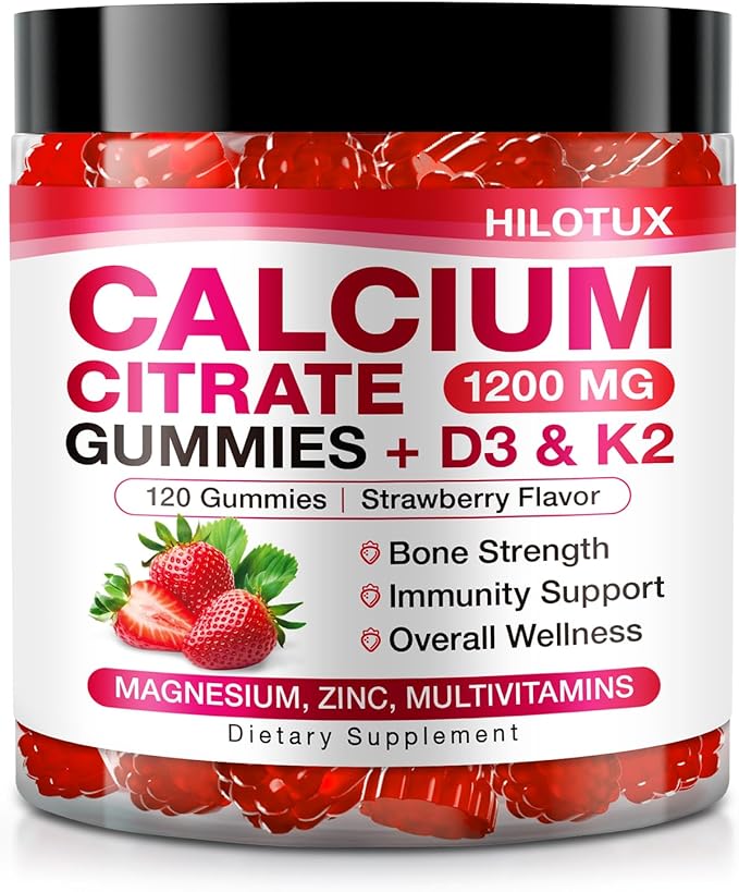 Calcium Citrate with Vitamin D3 K2 Calcium Supplements for Women &amp Men Plus Magnesium Zinc for Bones Muscle &amp Immune Support High Absorption StrawberryFlavor 120 Calcium Gummies