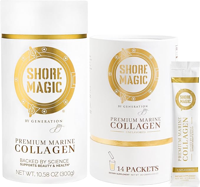 Shore Magic 14-Day Collagen Packets + 30-Day Marine Collagen Supply Bundle – Hydrolyzed Types I-IV Peptides for Skin Hair Nails &amp Joints – Unflavored Wild-Caught High-Absorption