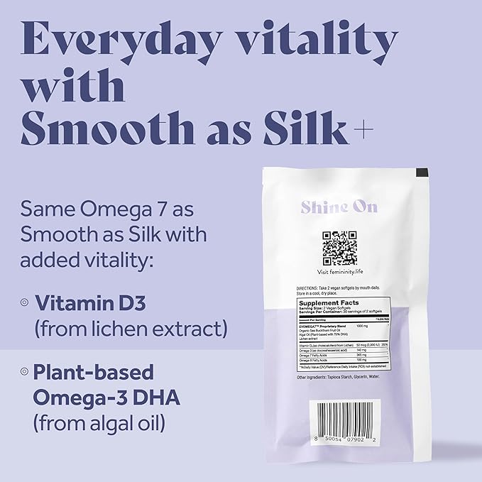 Femininity Smooth as Silk+ 30-Day Refill for Vaginal Dryness (60 Softgels) – Blend of Sea Buckthorn Oil Vitamin D3 and Plant-Based Omega-3 DHA